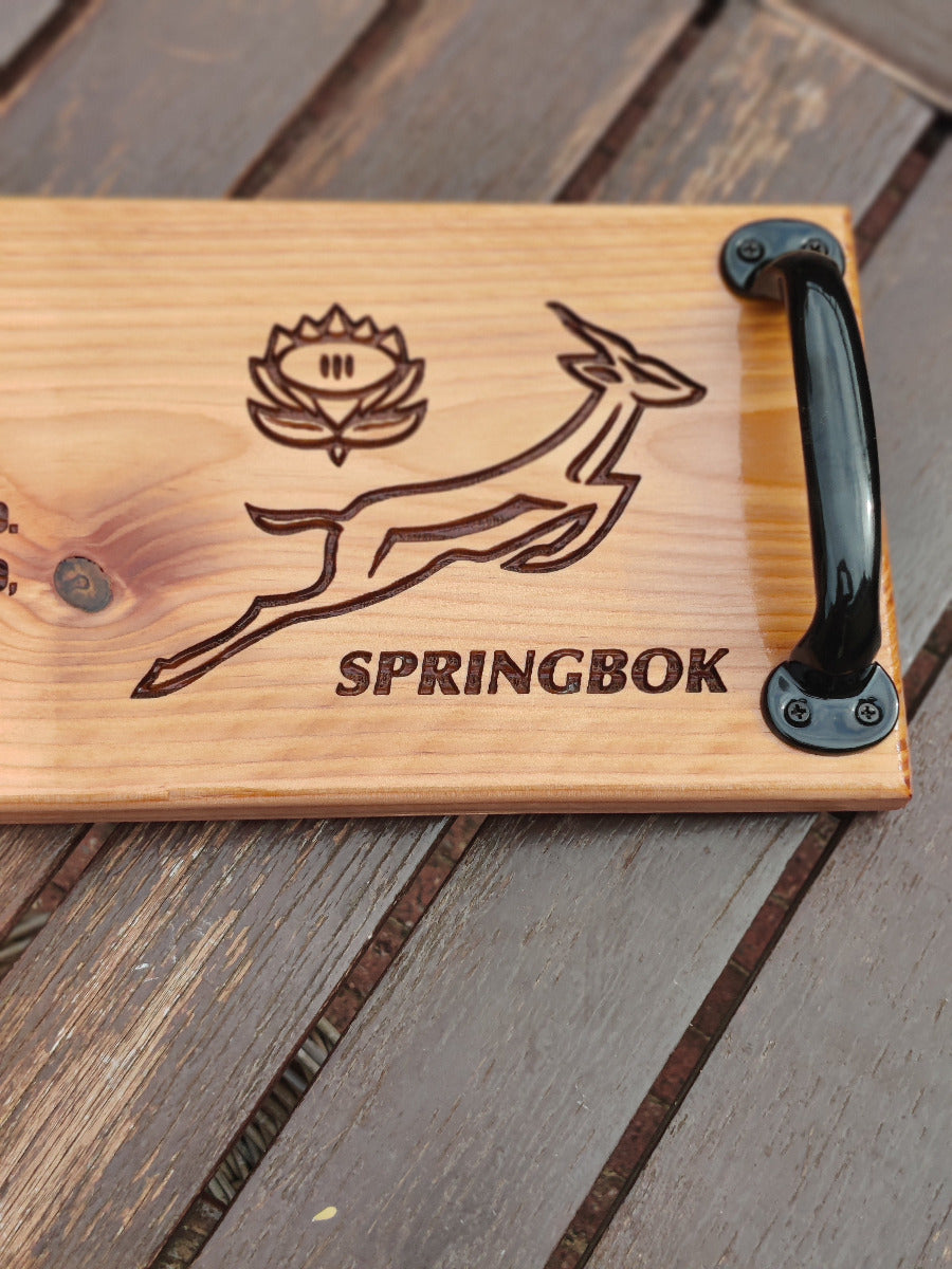 Serving Tray - with Die Stem and Springbok and with black metal handles