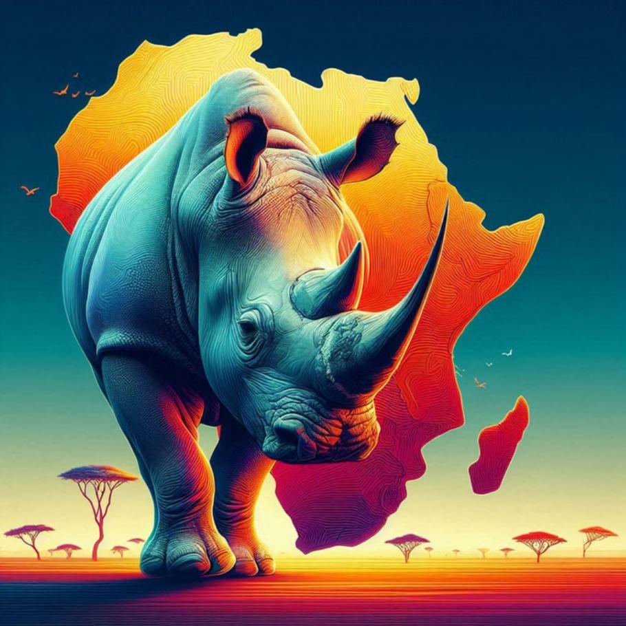 Rhinoceros with Africa in background.