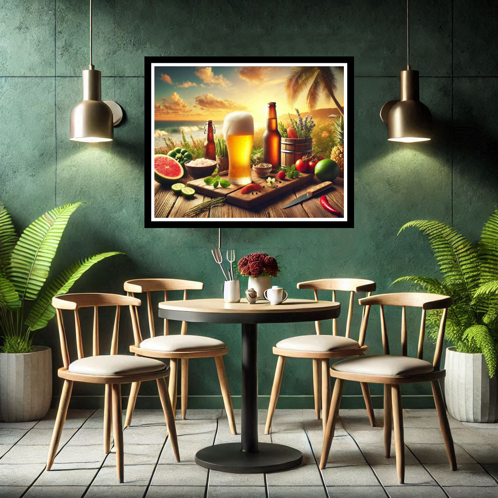Download - Scenic Beach background with Ice Cold Beers and fruits on wooden table