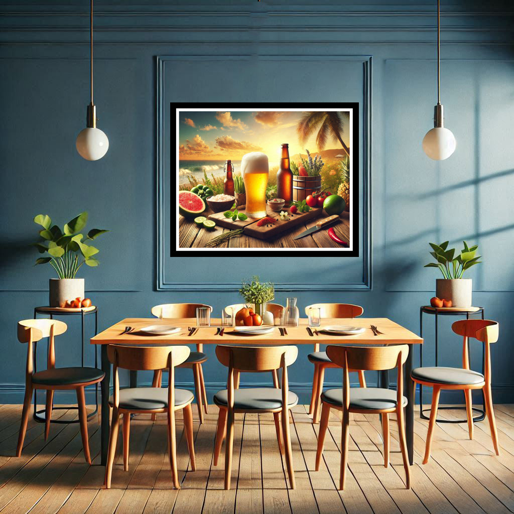 Download - Scenic Beach background with Ice Cold Beers and fruits on wooden table