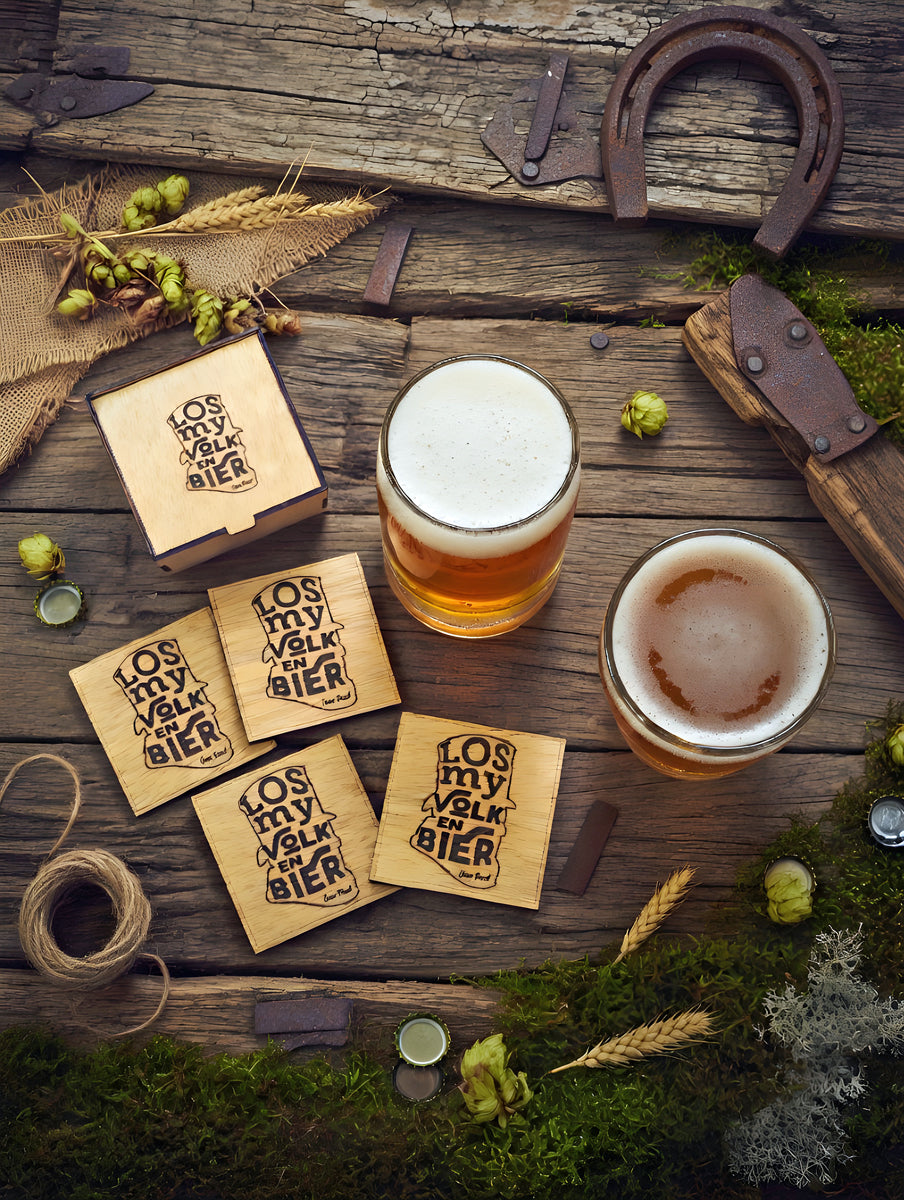 Coaster Set "Los My Volk en Bier" Wooden Coaster Set with Gift Box