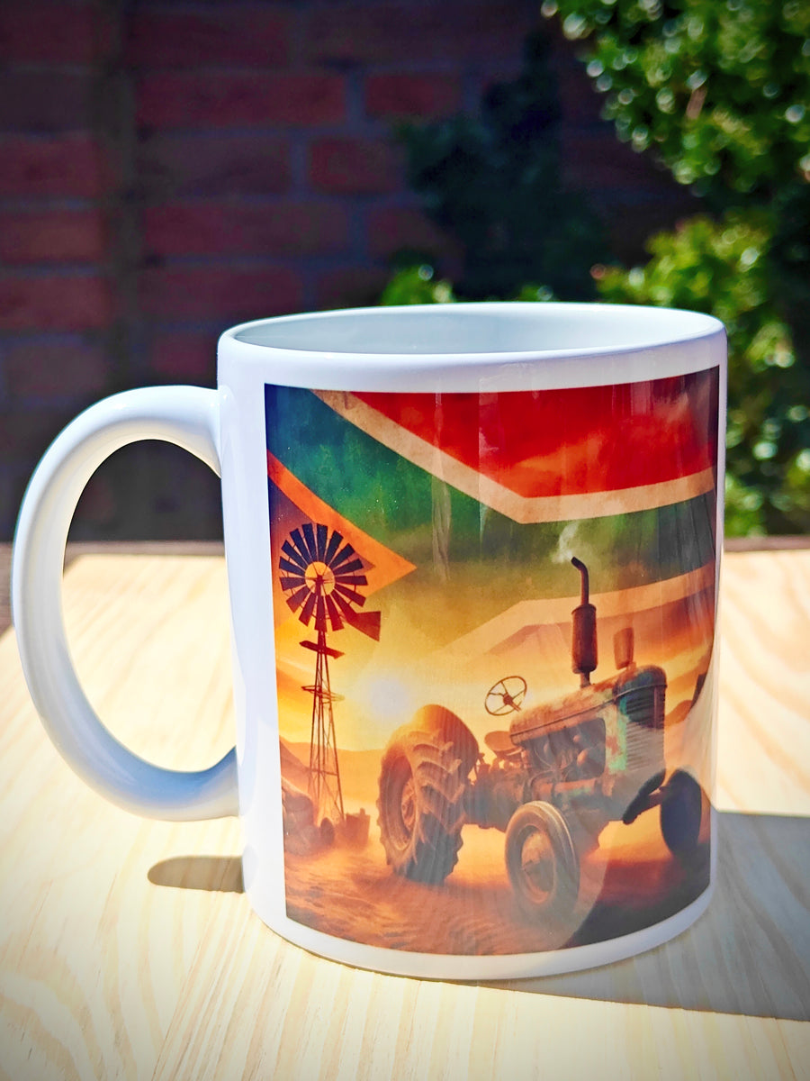 Blue-Green Rustic Tractor Coffee Mug – South African Flag Sky, Farm Wind Pump & Mountain Scenery – Proudly South African Farmer Gift