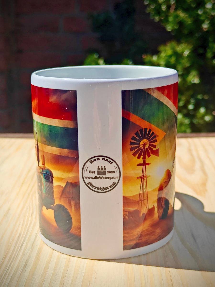 Blue-Green Rustic Tractor Coffee Mug – South African Flag Sky, Farm Wind Pump & Mountain Scenery – Proudly South African Farmer Gift