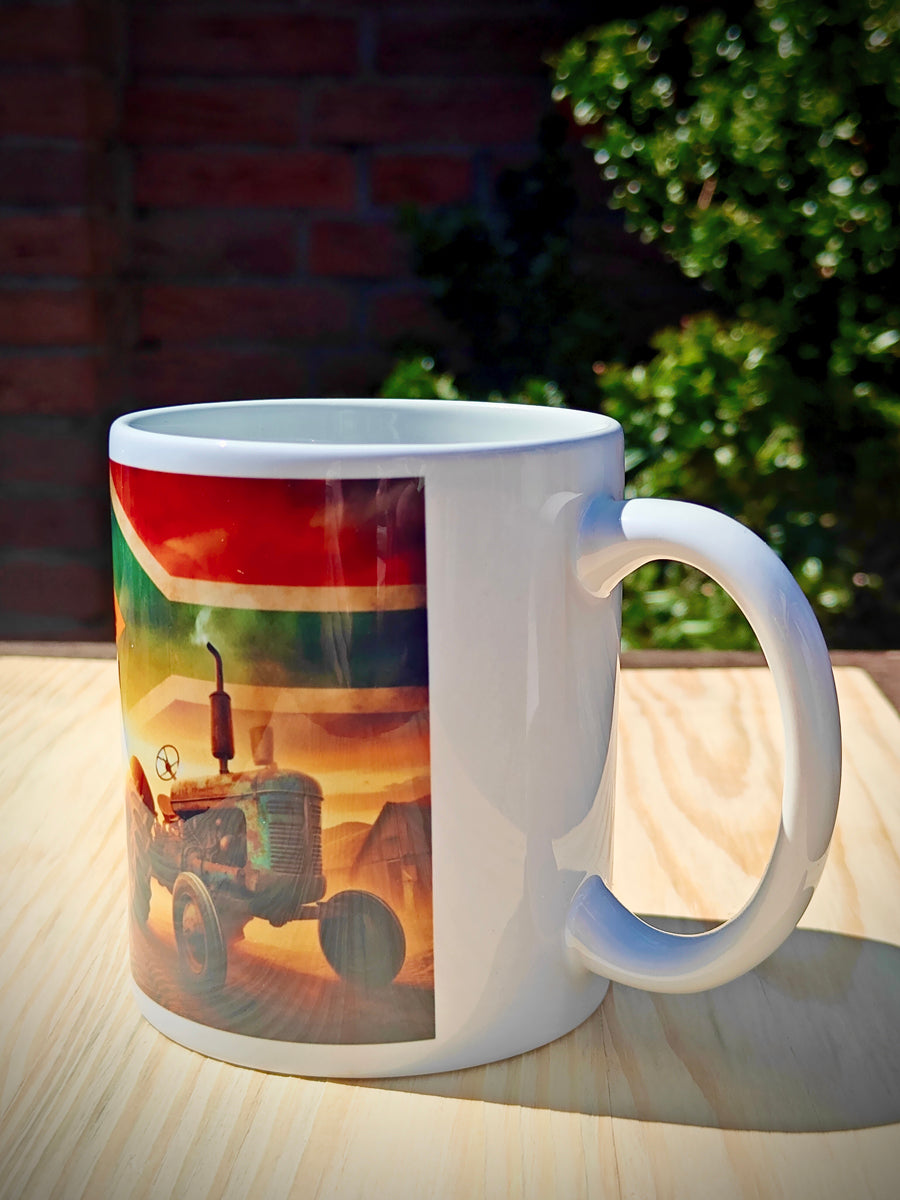 Blue-Green Rustic Tractor Coffee Mug – South African Flag Sky, Farm Wind Pump & Mountain Scenery – Proudly South African Farmer Gift