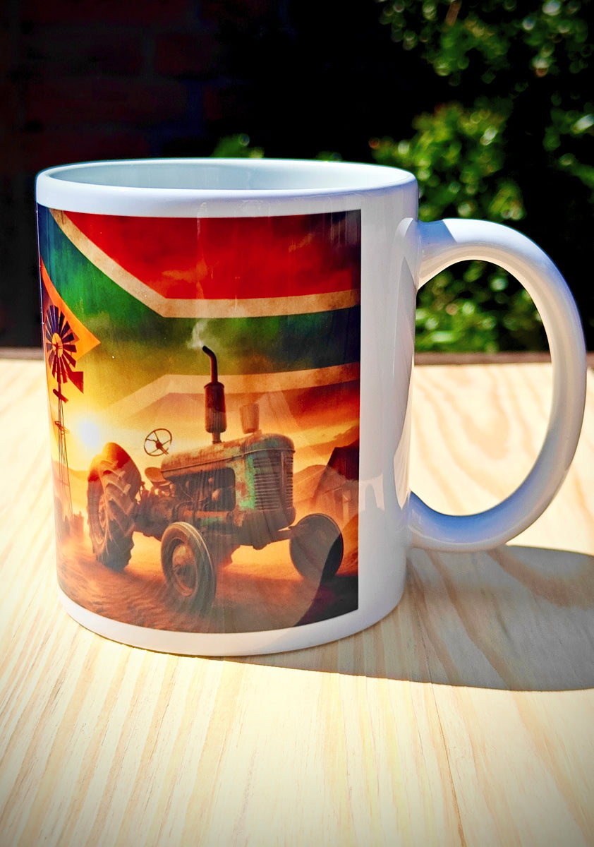 Blue-Green Rustic Tractor Coffee Mug – South African Flag Sky, Farm Wind Pump & Mountain Scenery – Proudly South African Farmer Gift