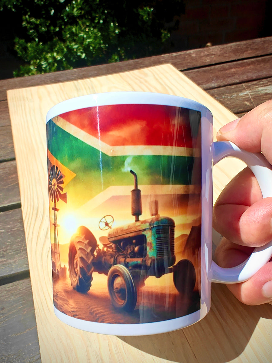 Blue-Green Rustic Tractor Coffee Mug – South African Flag Sky, Farm Wind Pump & Mountain Scenery – Proudly South African Farmer Gift