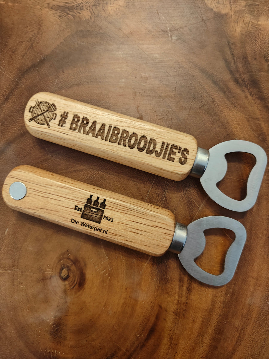 Magnetic Wooden Bottle Opener with # Braaibroodjies Engraved