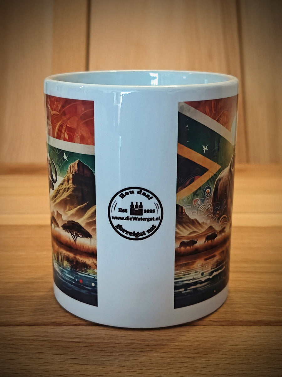 African Buffalo Coffee Mug with South African Flag – Dishwasher Safe Wildlife Mug