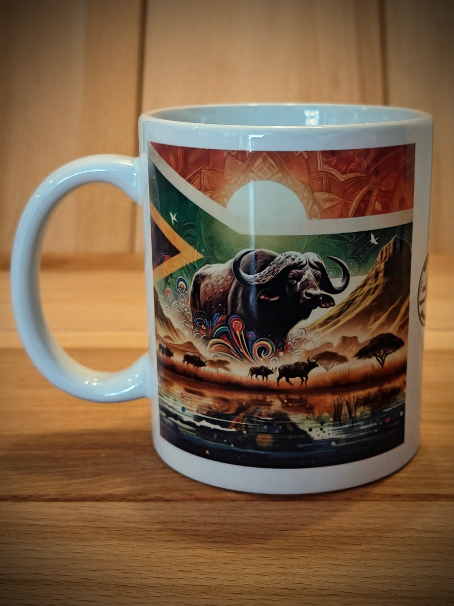 African Buffalo Coffee Mug with South African Flag – Dishwasher Safe Wildlife Mug