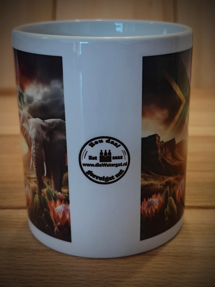 Coffee Mug - African Elephant with Protea flowers and South African Flag