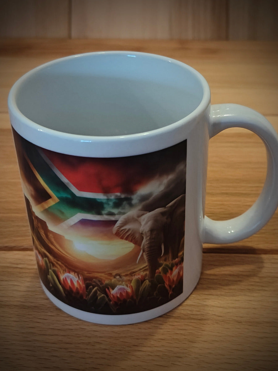 Coffee Mug - African Elephant with Protea flowers and South African Flag