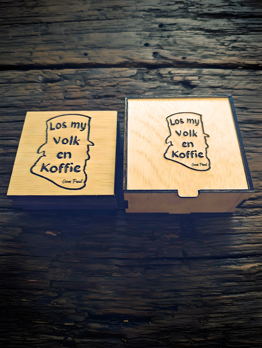 Coaster Set "Los My Volk en Koffie" Wooden Coaster Set with Gift Box