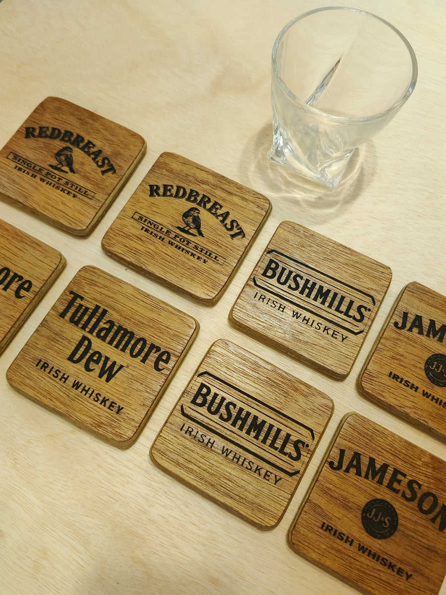 Irish Whiskey Wooden Coasters , handcrafted , diewatergat.nl