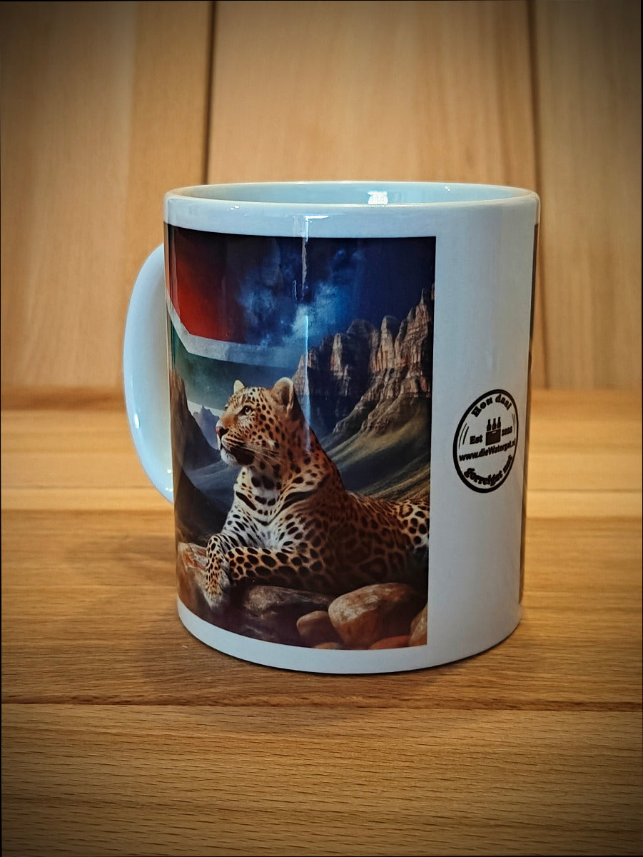 Coffee Mug - African Leopard with Mountain Landscape and South African flag