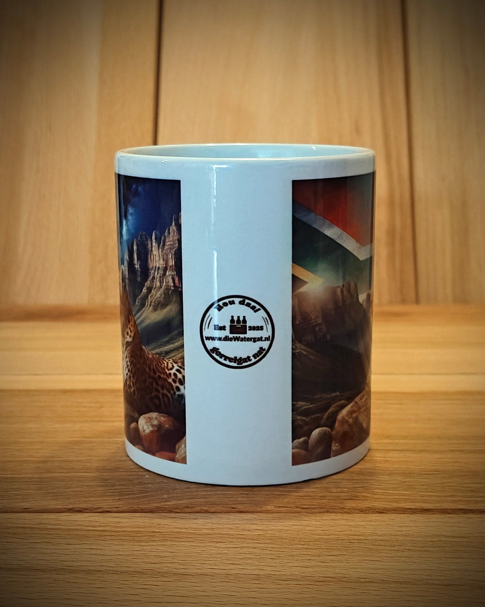 Coffee Mug - African Leopard with Mountain Landscape and South African flag