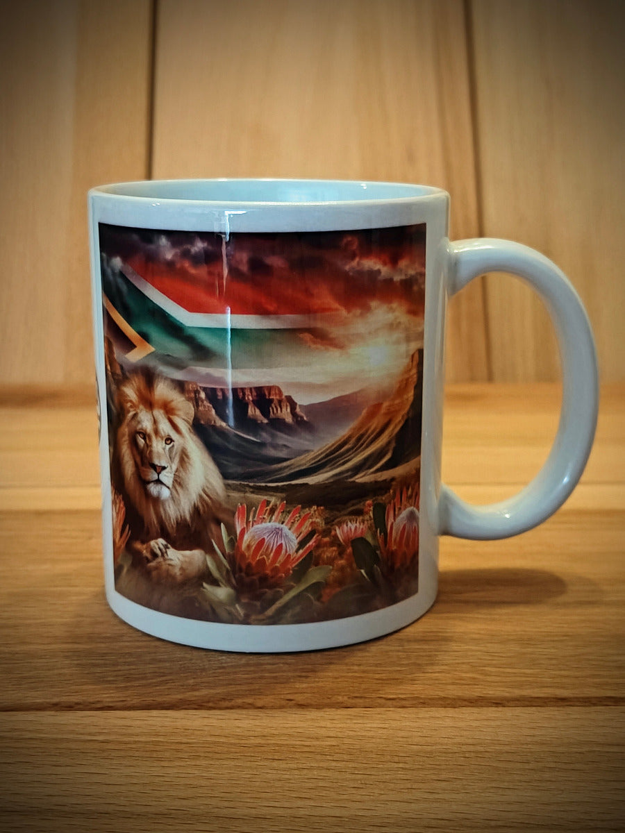 Coffee Mug - African Lion with Mountain Landscape and South African flag
