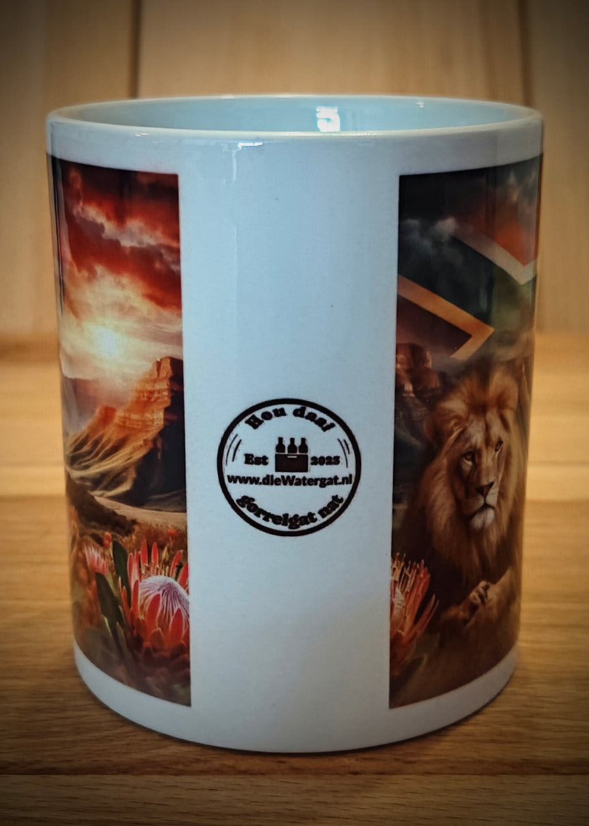 Coffee Mug - African Lion with Mountain Landscape and South African flag