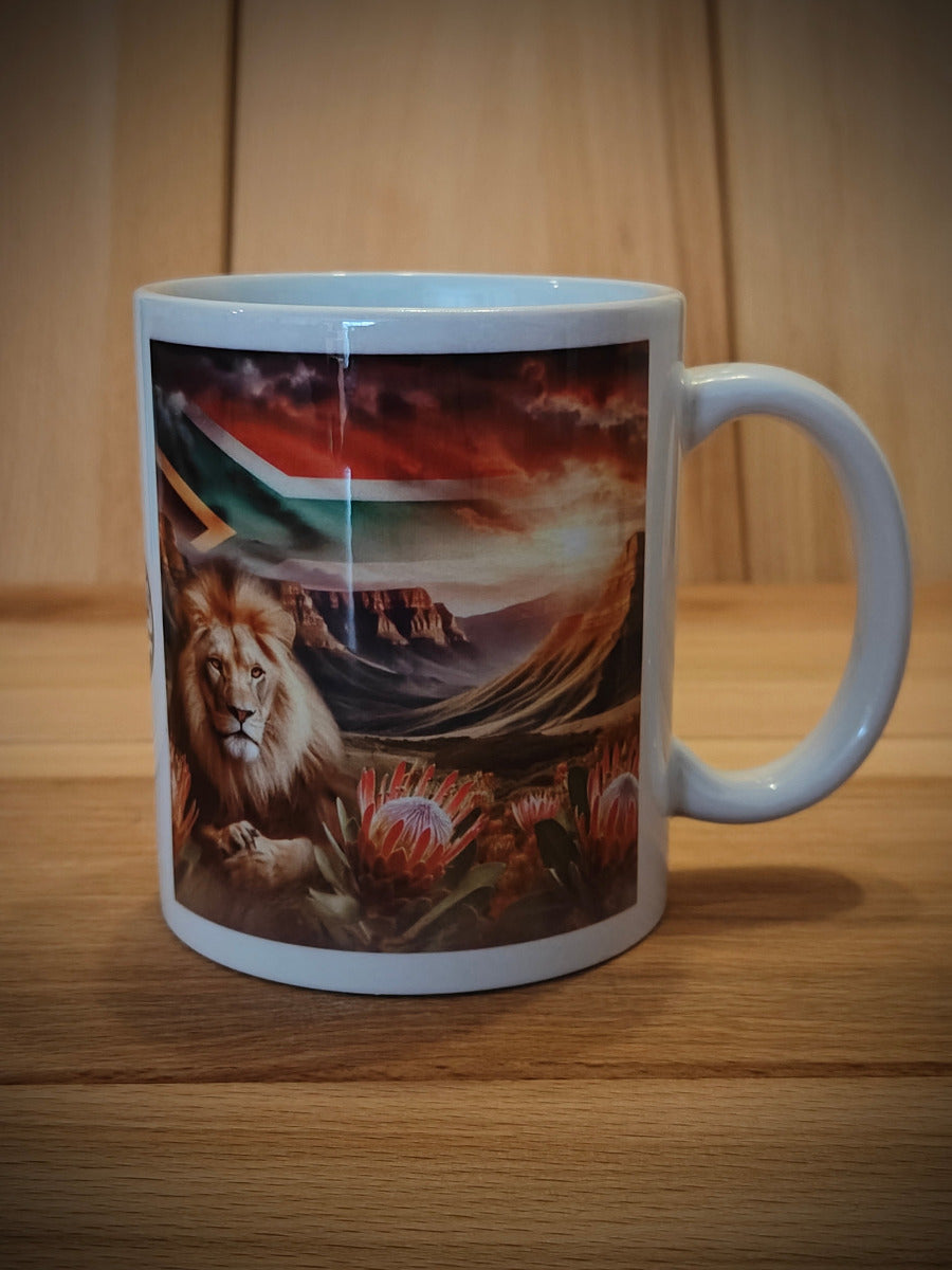 Coffee Mug - African Lion with Mountain Landscape and South African flag