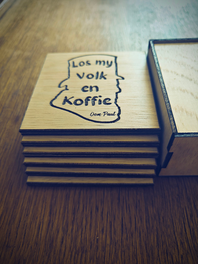 "Los My Volk en Koffie" Wooden Coaster Set with Gift Box
