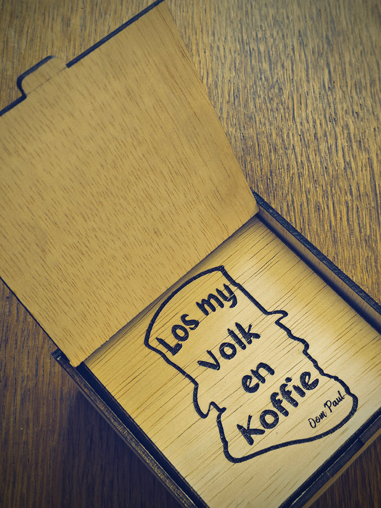 "Los My Volk en Koffie" Wooden Coaster Set with Gift Box
