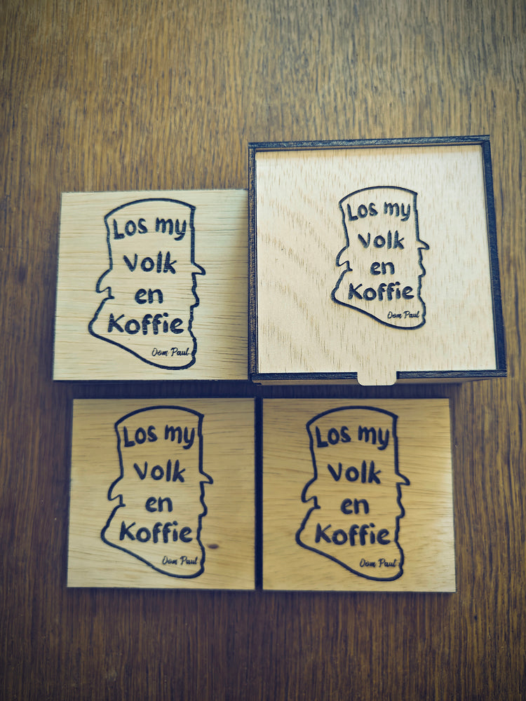 "Los My Volk en Koffie" Wooden Coaster Set with Gift Box