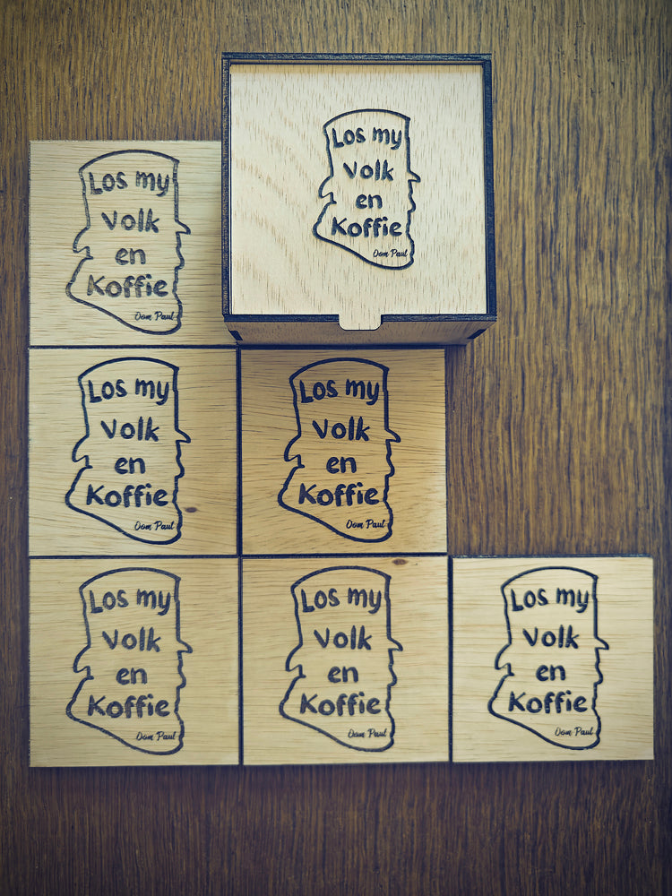 "Los My Volk en Koffie" Wooden Coaster Set with Gift Box