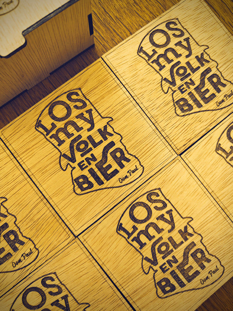 "Los My Volk en Bier" Wooden Coaster Set with Gift Box