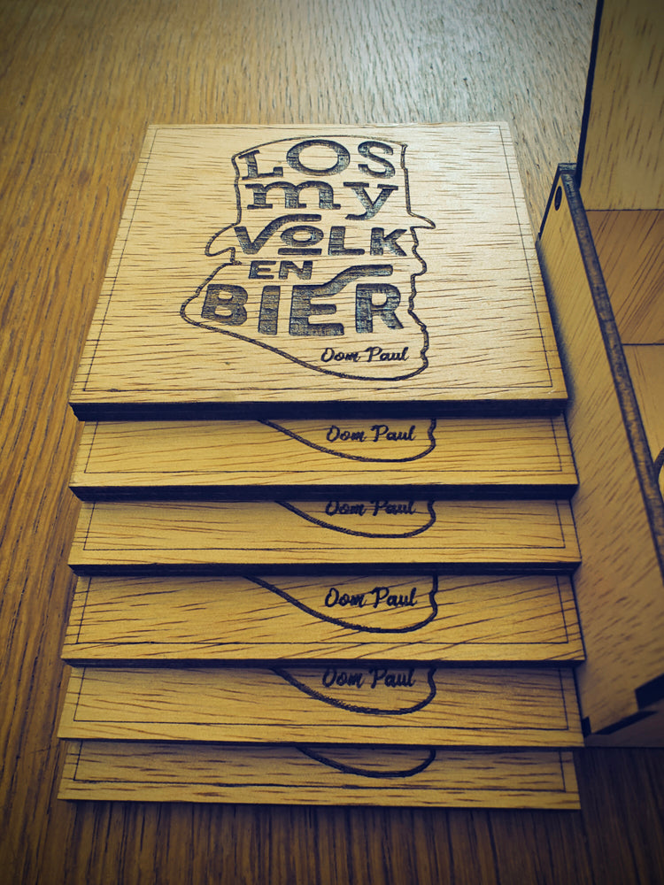 "Los My Volk en Bier" Wooden Coaster Set with Gift Box