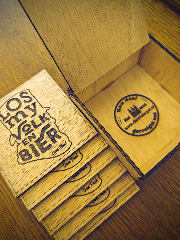 "Los My Volk en Bier" Wooden Coaster Set with Gift Box