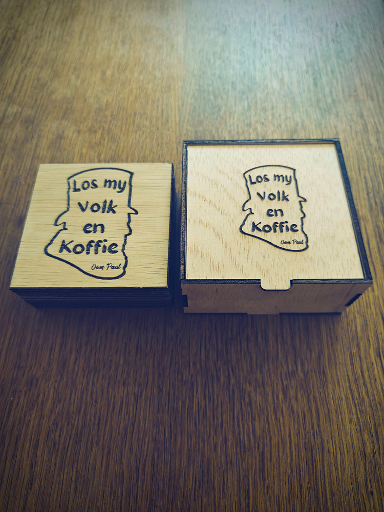 "Los My Volk en Koffie" Wooden Coaster Set with Gift Box