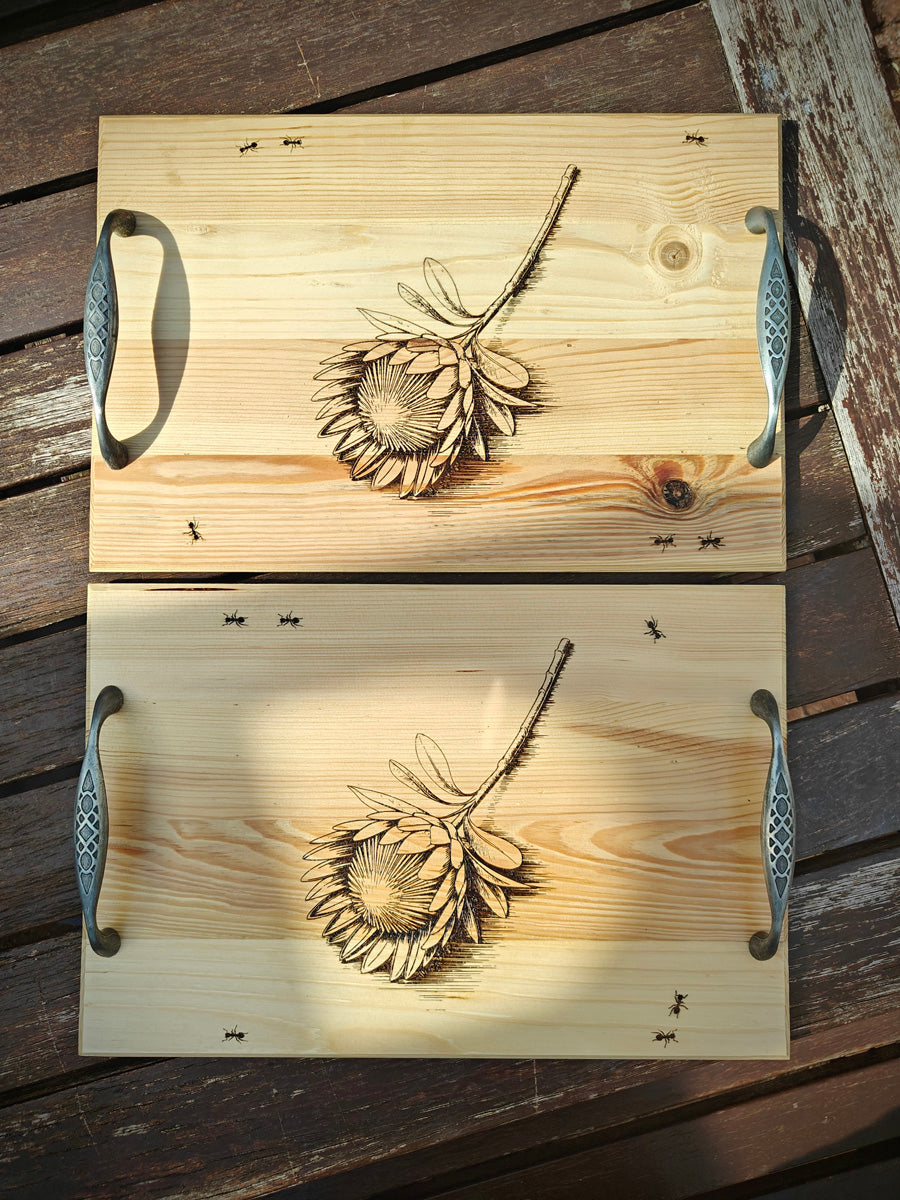 Wooden Serving Tray with Protea Flower & Ants Engraving – Elegant Metal Handle Rustic Décor