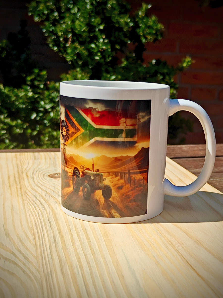 Proudly South African Tractor Mug – Rustic Green Tractor, Flag in Sky, Windmill, Fence & Mountain Scene