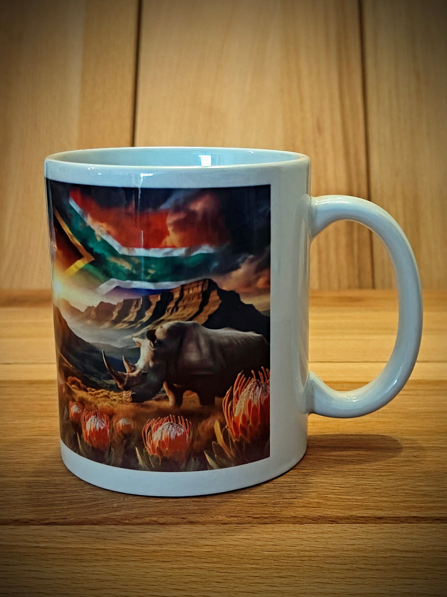 Coffee Mug with Rhinoceros, Protea Flowers & South African Flag – Dishwasher Safe