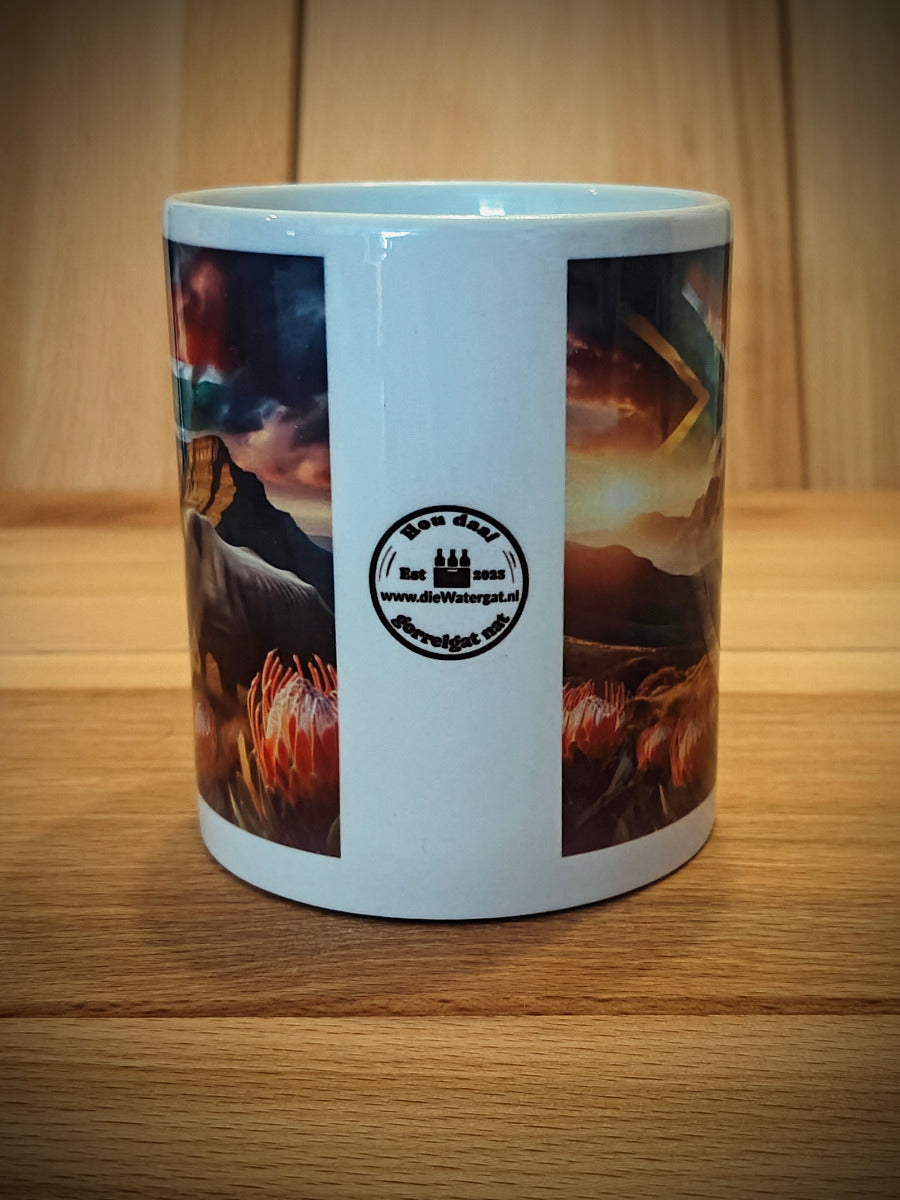 Coffee Mug with Rhinoceros, Protea Flowers & South African Flag – Dishwasher Safe