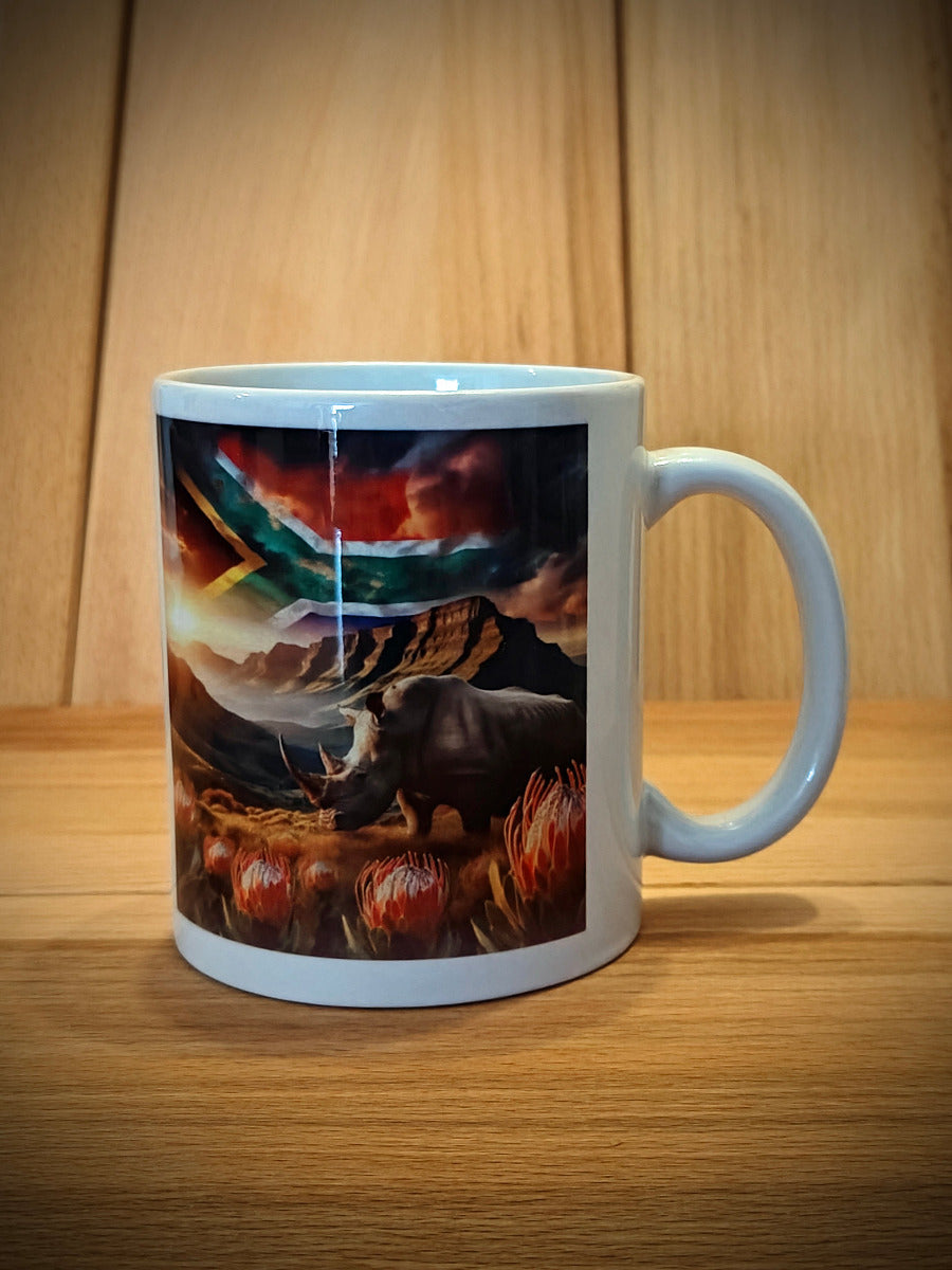 Coffee Mug with Rhinoceros, Protea Flowers & South African Flag – Dishwasher Safe
