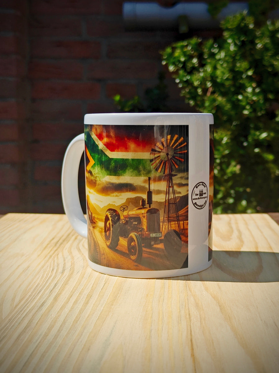 Rustic Brown-Red Tractor Coffee Mug – South African Flag Sky, Farm Windmill, Barn & Mountain Background – Proud Farmer Heritage Gift