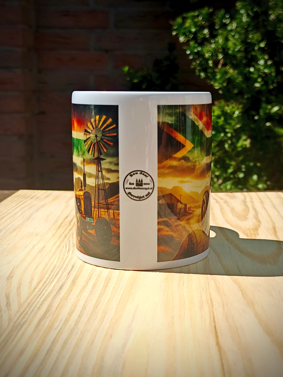 Rustic Brown-Red Tractor Coffee Mug – South African Flag Sky, Farm Windmill, Barn & Mountain Background – Proud Farmer Heritage Gift