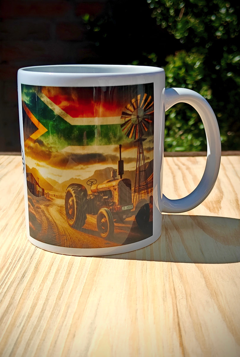 Rustic Brown-Red Tractor Coffee Mug – South African Flag Sky, Farm Windmill, Barn & Mountain Background – Proud Farmer Heritage Gift
