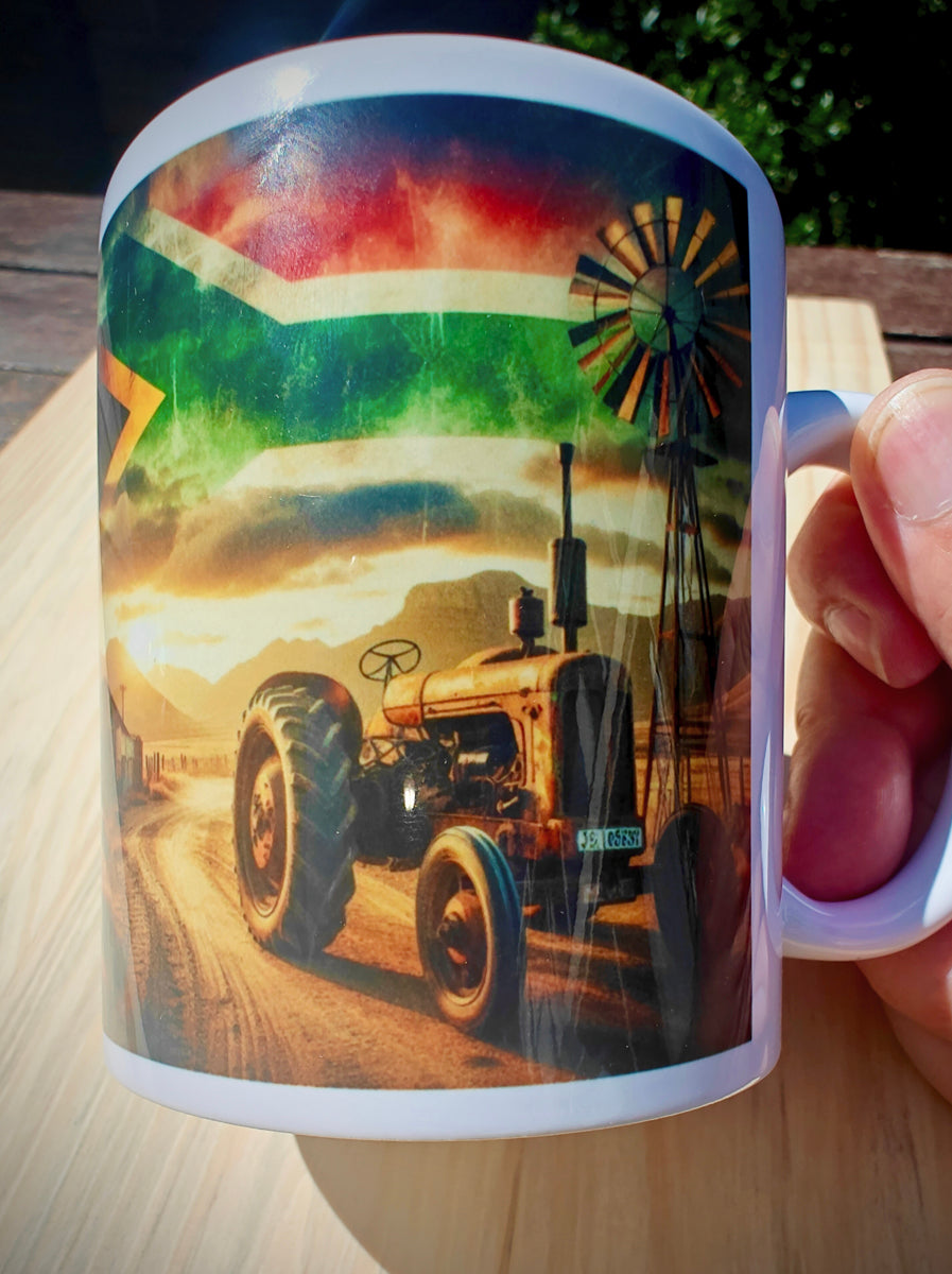 Rustic Brown-Red Tractor Coffee Mug – South African Flag Sky, Farm Windmill, Barn & Mountain Background – Proud Farmer Heritage Gift