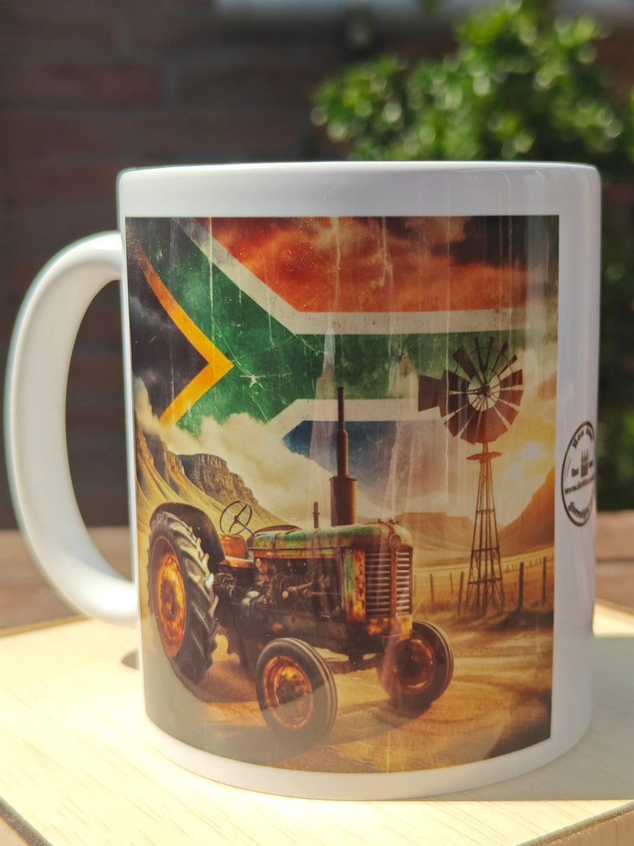 Rustic Green Tractor Coffee Mug – South African Flag Sky, Farm Wind Pump & Mountain Scene – Proudly South African Farmer Gift