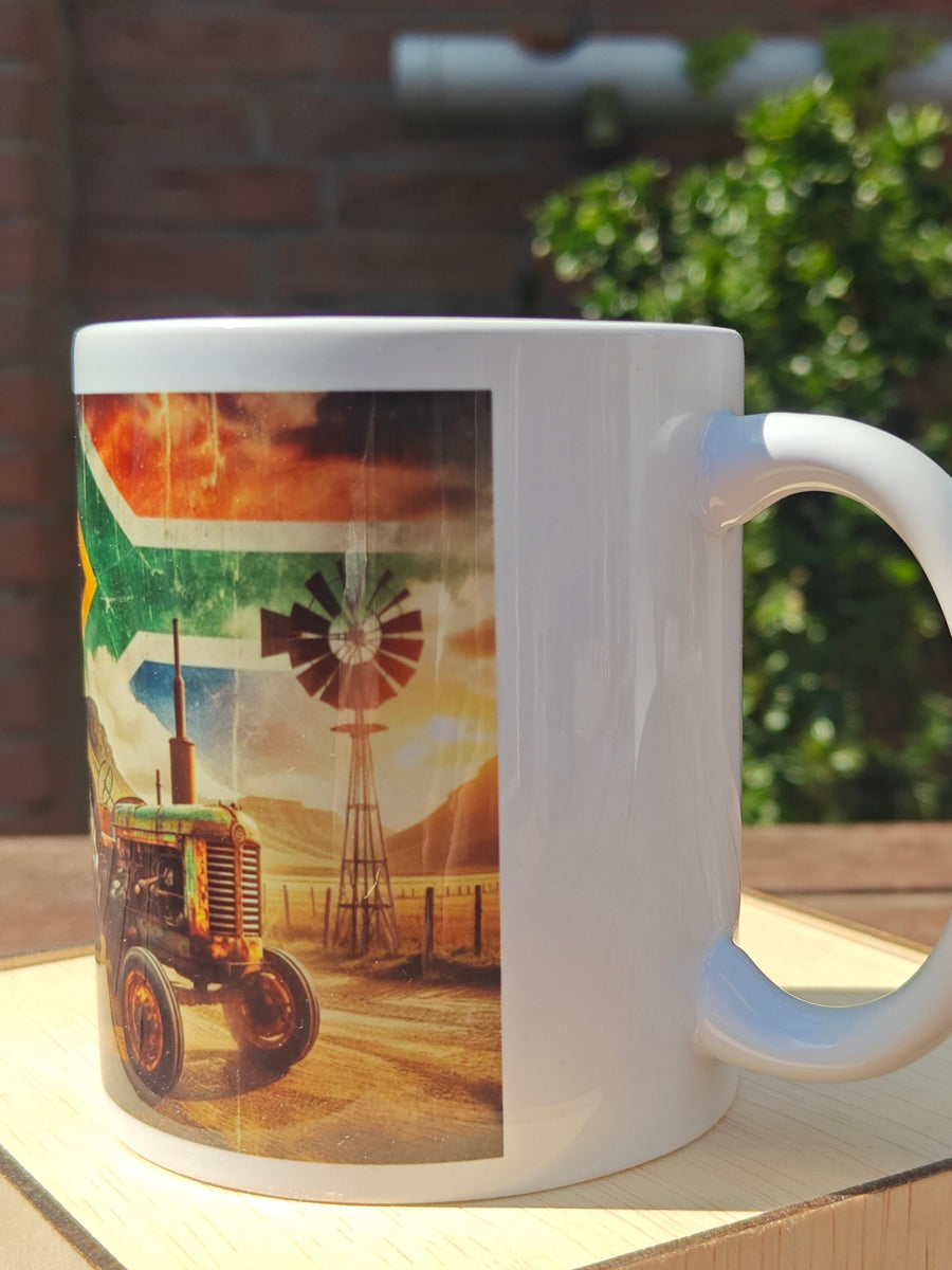Rustic Green Tractor Coffee Mug – South African Flag Sky, Farm Wind Pump & Mountain Scene – Proudly South African Farmer Gift