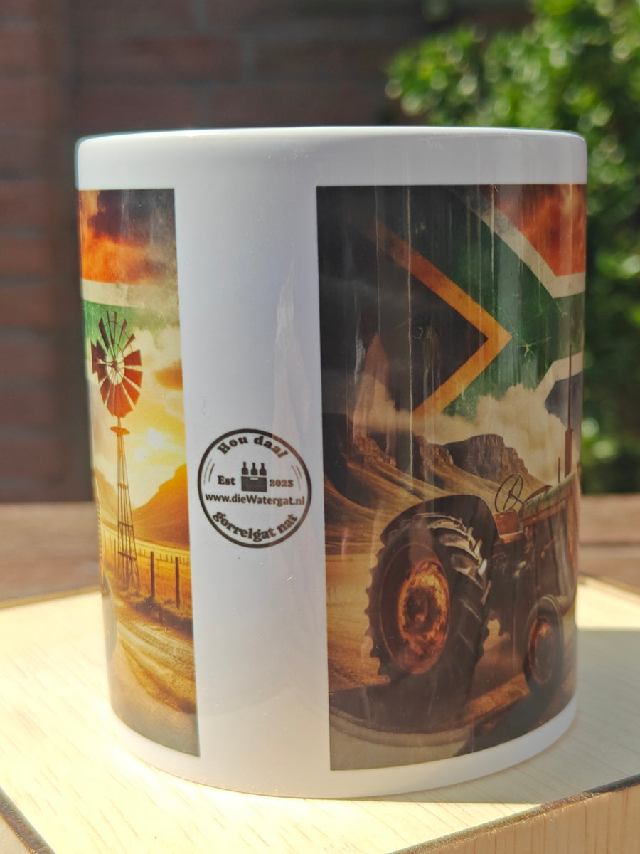 Rustic Green Tractor Coffee Mug – South African Flag Sky, Farm Wind Pump & Mountain Scene – Proudly South African Farmer Gift