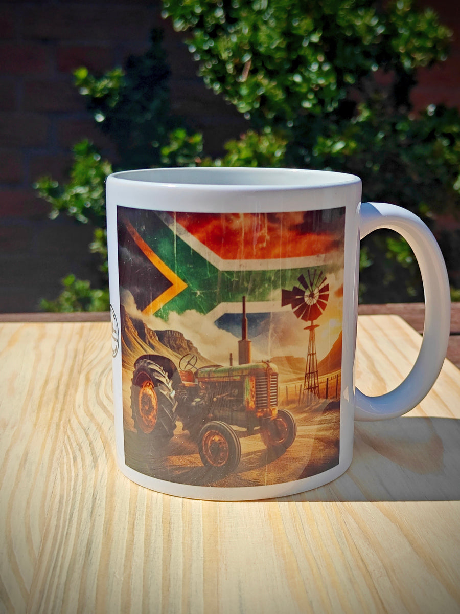 Rustic Green Tractor Coffee Mug – South African Flag Sky, Farm Wind Pump & Mountain Scene – Proudly South African Farmer Gift