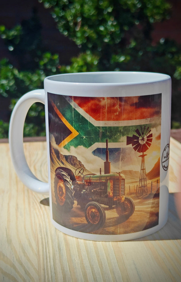 Rustic Green Tractor Coffee Mug – South African Flag Sky, Farm Wind Pump & Mountain Scene – Proudly South African Farmer Gift