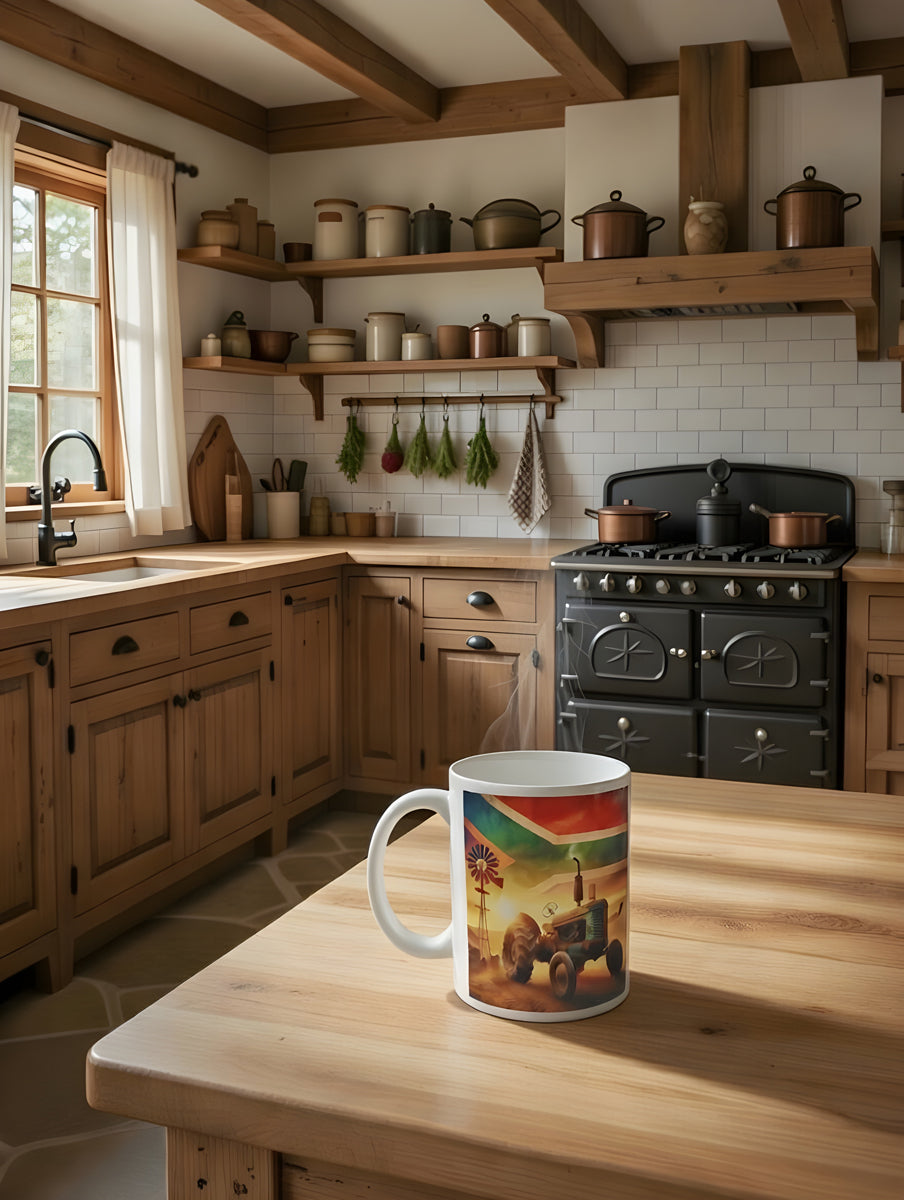 Blue-Green Rustic Tractor Coffee Mug – South African Flag Sky, Farm Wind Pump & Mountain Scenery – Proudly South African Farmer Gift