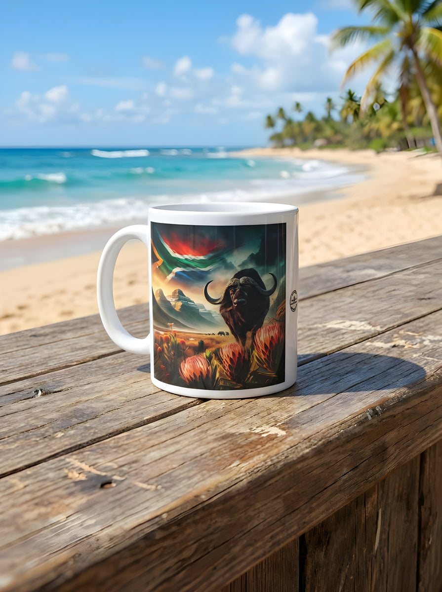 African Buffalo Coffee Mug with South African Flag – Dishwasher Safe Wildlife Mug