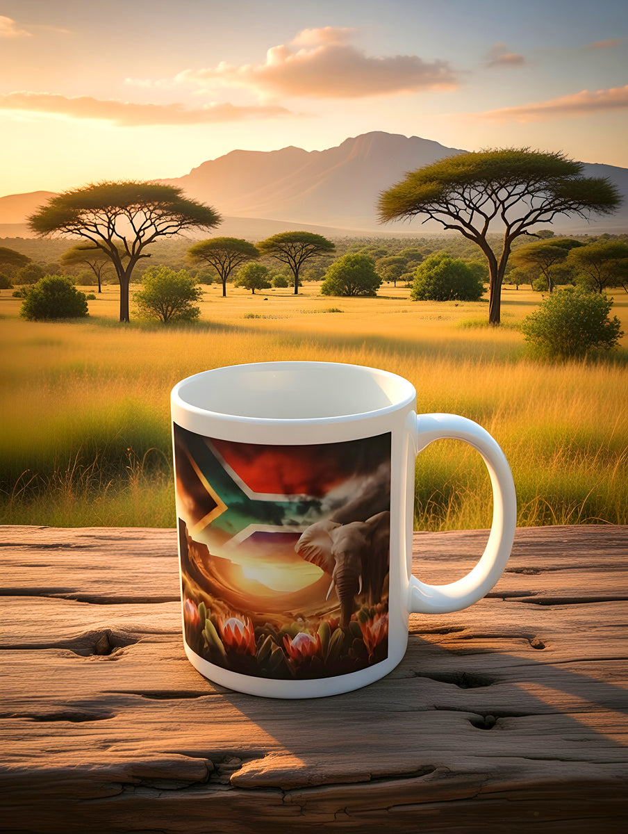 African Elephant Coffee Mug with Protea Flowers & South African Flag – Dishwasher Safe
