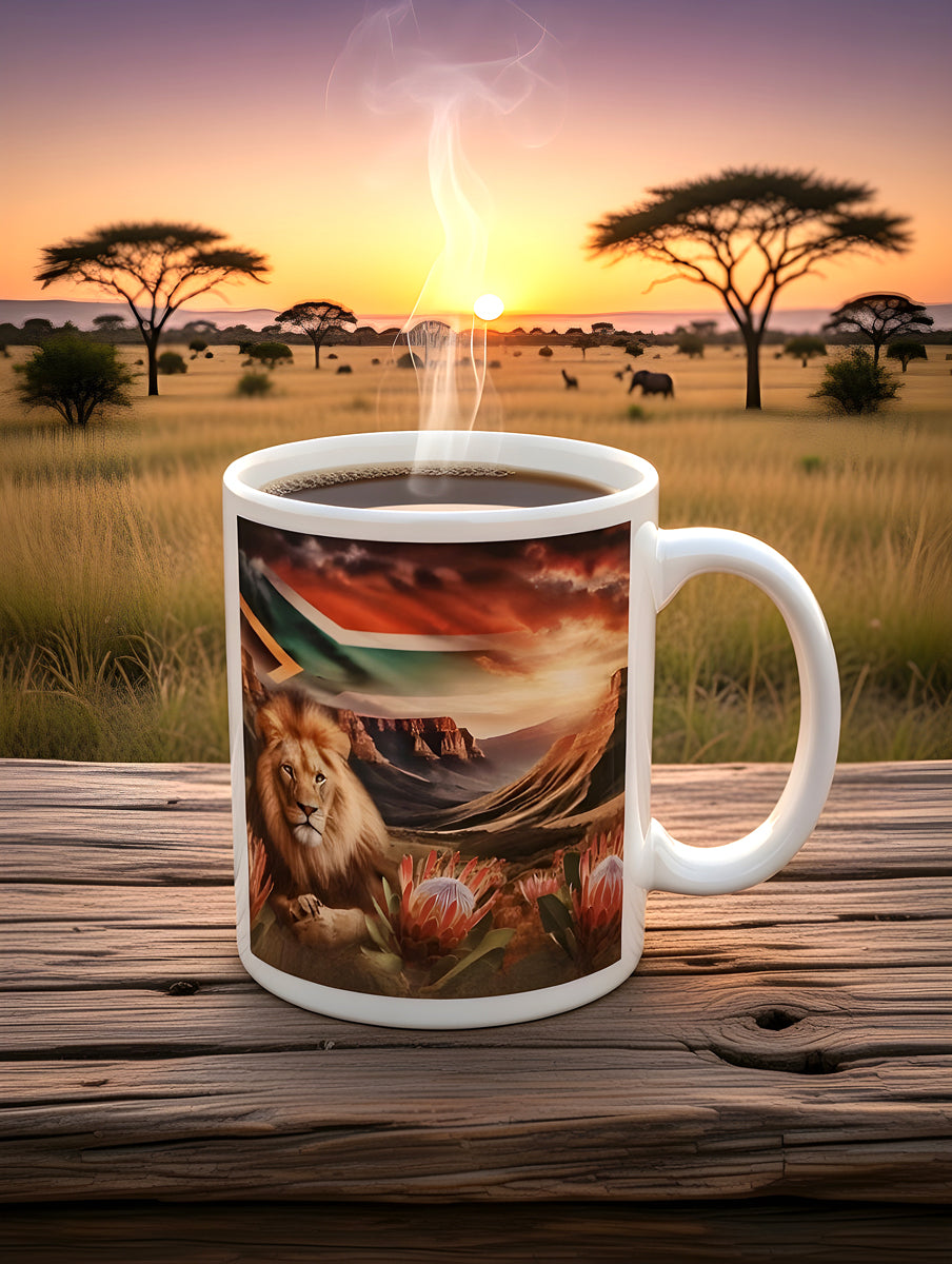 African Lion Coffee Mug with Protea Flowers, Drakensberg Mountains & South African Flag – Dishwasher Safe
