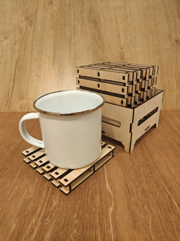 Wooden pallet coasters with crate holder - 6 piece set