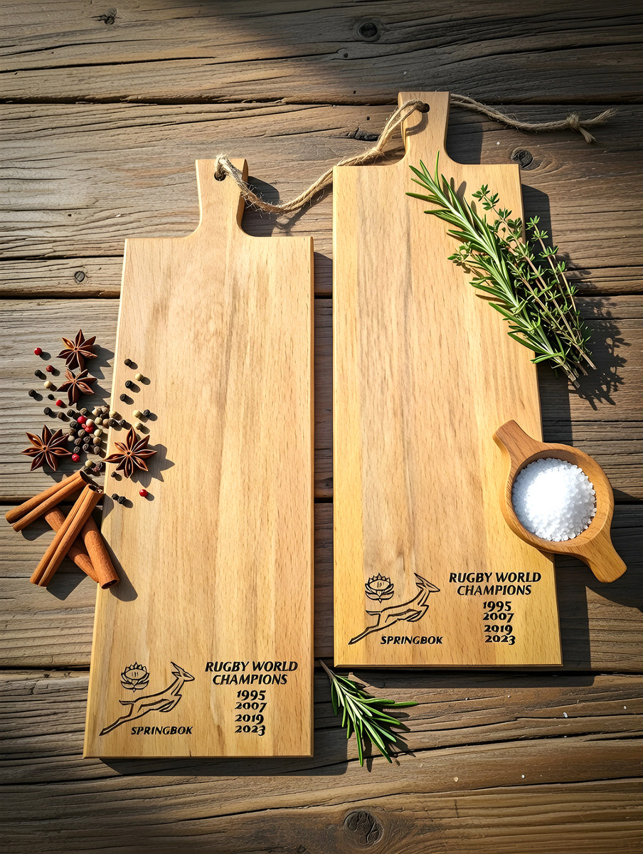 Rugby World Champions Snack Board – Solid Wood Charcuterie Board with Springbok Logo, Perfect for Biltong & Snacks